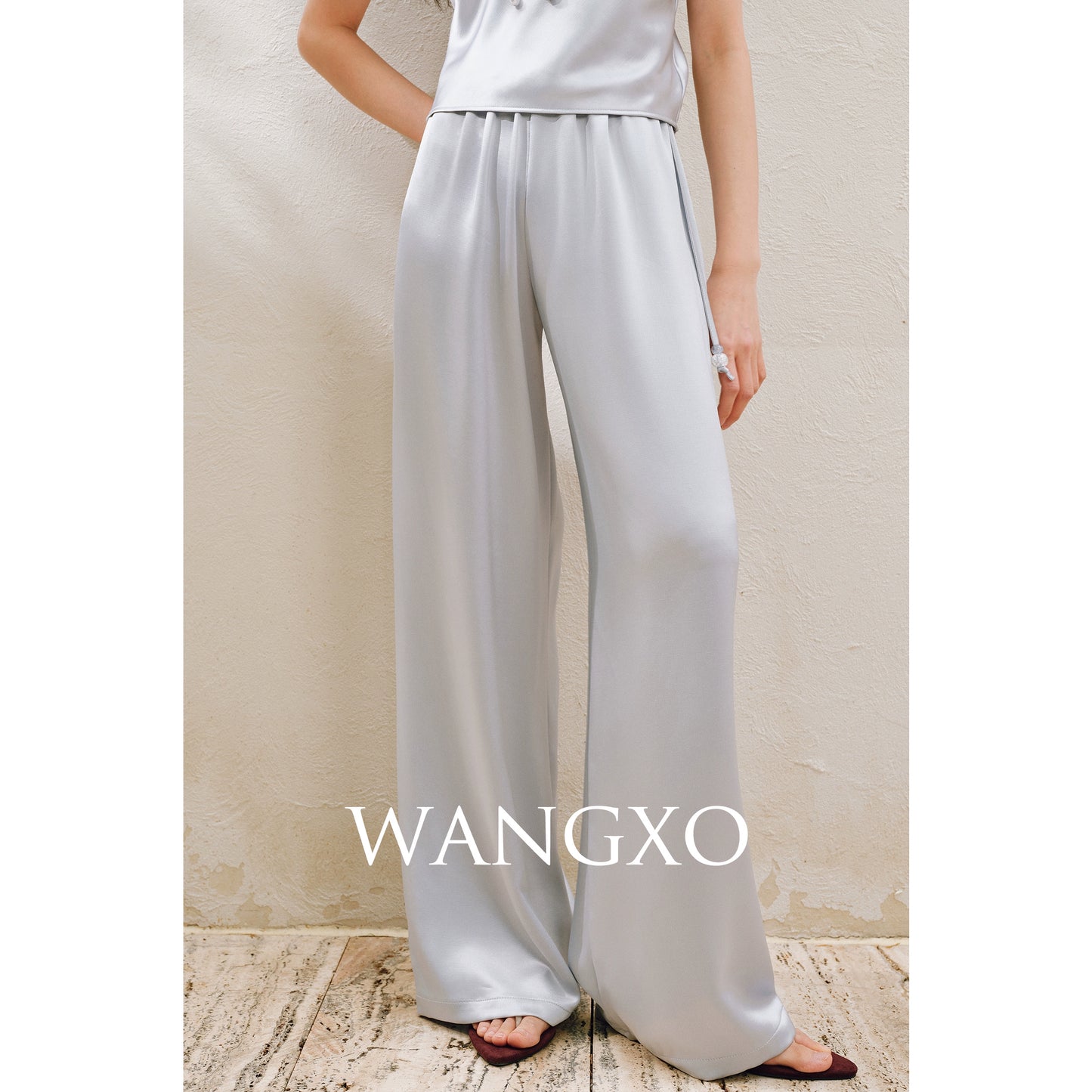WANGXO | Hemp-Textured Acetate Satin  ight Luxury Lace Suspender, Shirt & Trousers Three-Piece Set- SARI