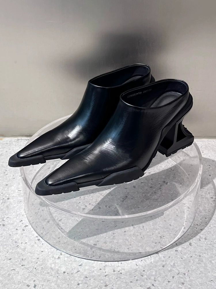 ANNAKIKI Black Genuine Leather Special-Shaped High Heeled Single Shoes -GORO