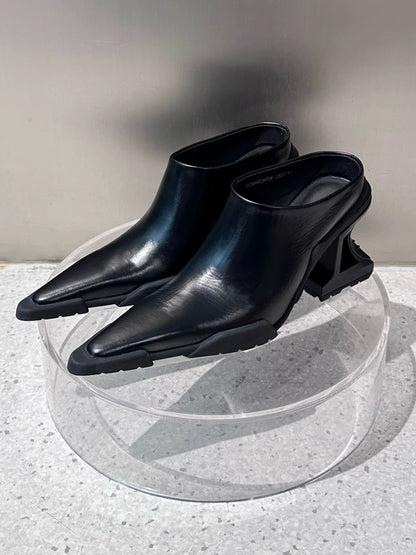 ANNAKIKI Black Genuine Leather Special-Shaped High Heeled Single Shoes -GORO