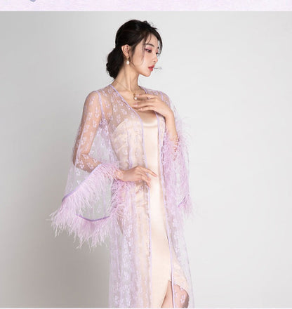 Magic Q Lilac Purple Ostrich Feather Trumpet Sleeve Lace Mesh Robe - symphony
