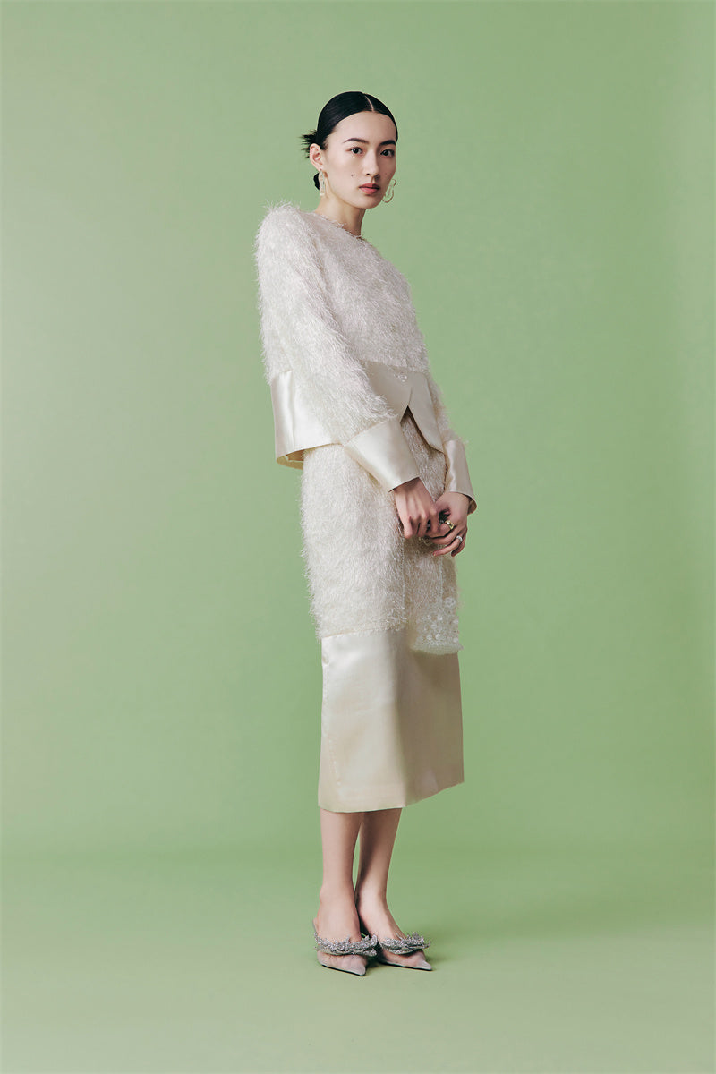 PURITY French elegant style unique high-luxury fringe, cream white half coat skirt set- Charlize