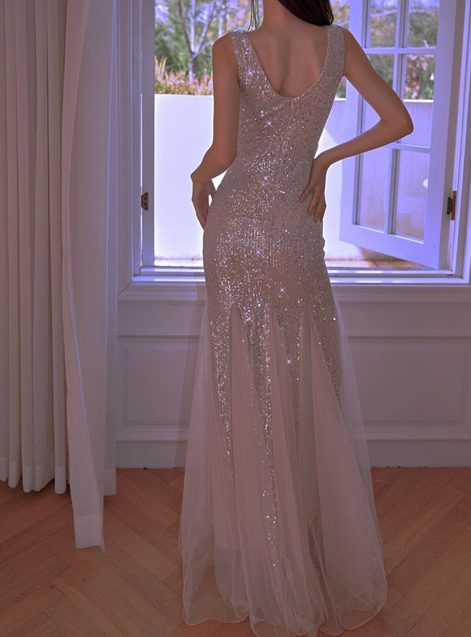 DOLLY Elegant Deep V-Neck Sleeveless Sequin Mesh Long Cocktail Dress-JUSTINA