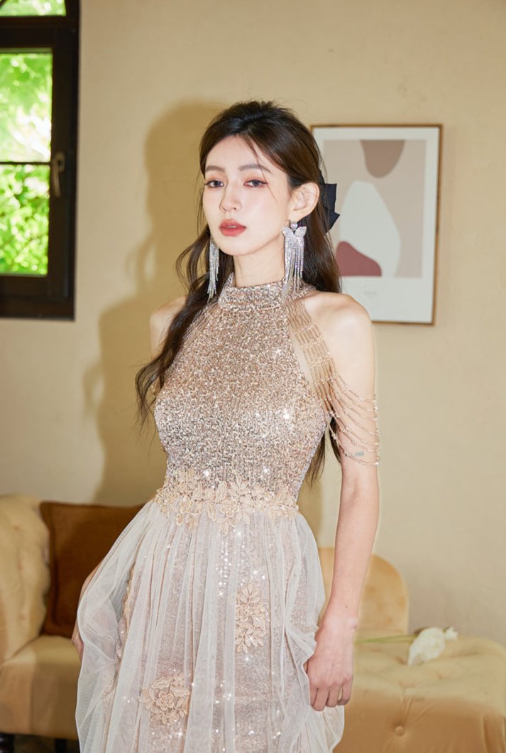 DOLLY Luxury Stand Collar Sleeveless Sequin Glitter Beads Long Nesh Cocktail Dress-SOPHIA