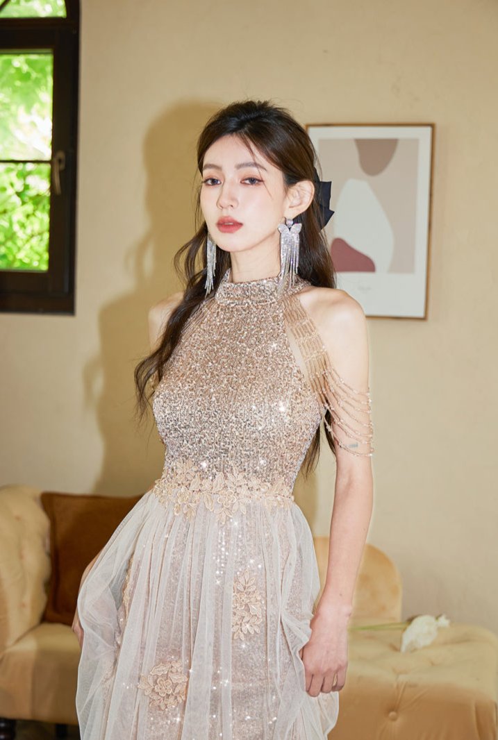 DOLLY Luxury Stand Collar Sleeveless Sequin Glitter Beads Long Nesh Cocktail Dress-SOPHIA