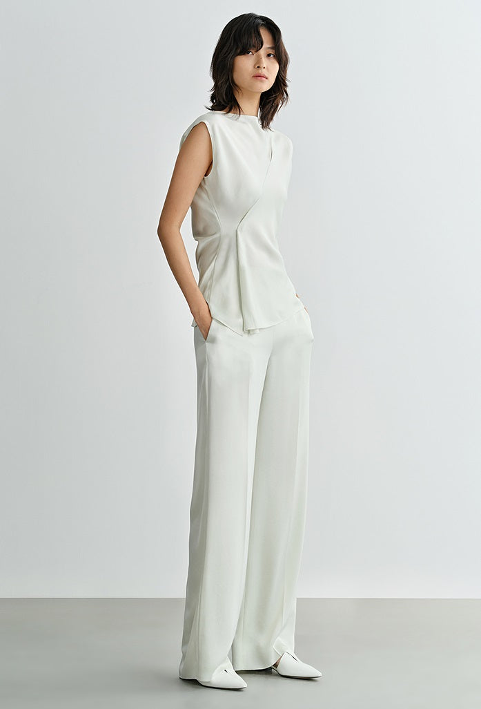 COMME MOI Oblique Shoulder Cutout Acetate Cap Sleeve Green Shirt - SUN.