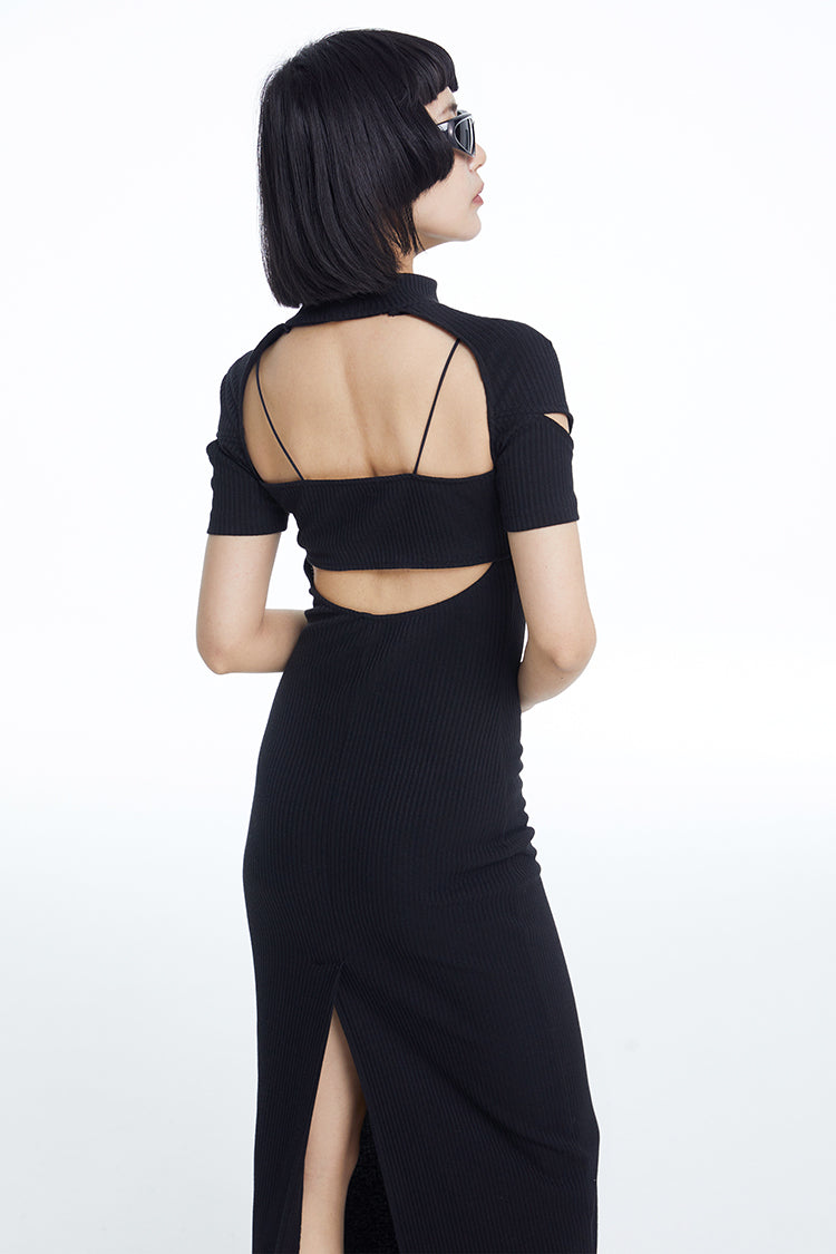 TINY IN fake two-piece deconstructed knitted back slit midi black dress -PUPIN