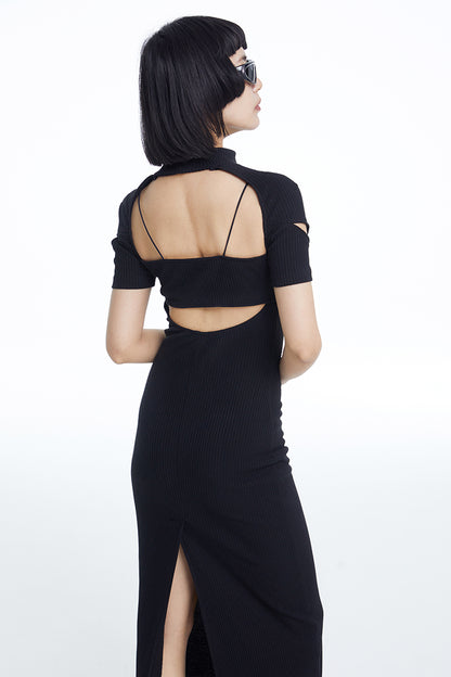 TINY IN fake two-piece deconstructed knitted back slit midi black dress -PUPIN