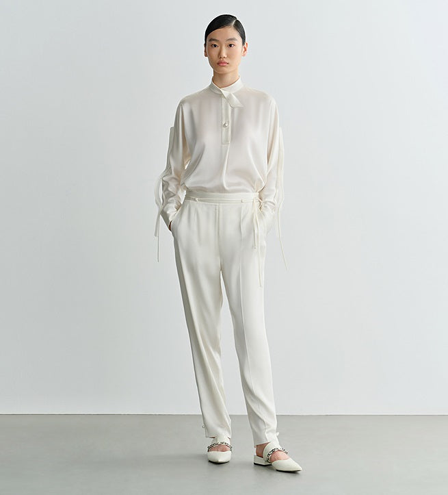 COMME MOI Lv Yan Designer Summer Women's Half Placket Gauze Strip satin  Top - REMI.