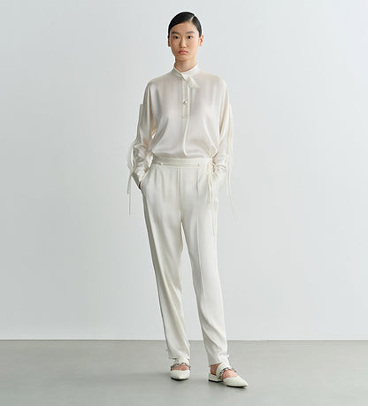 COMME MOI Lv Yan Designer Summer Women's Half Placket Gauze Strip satin  Top - REMI.