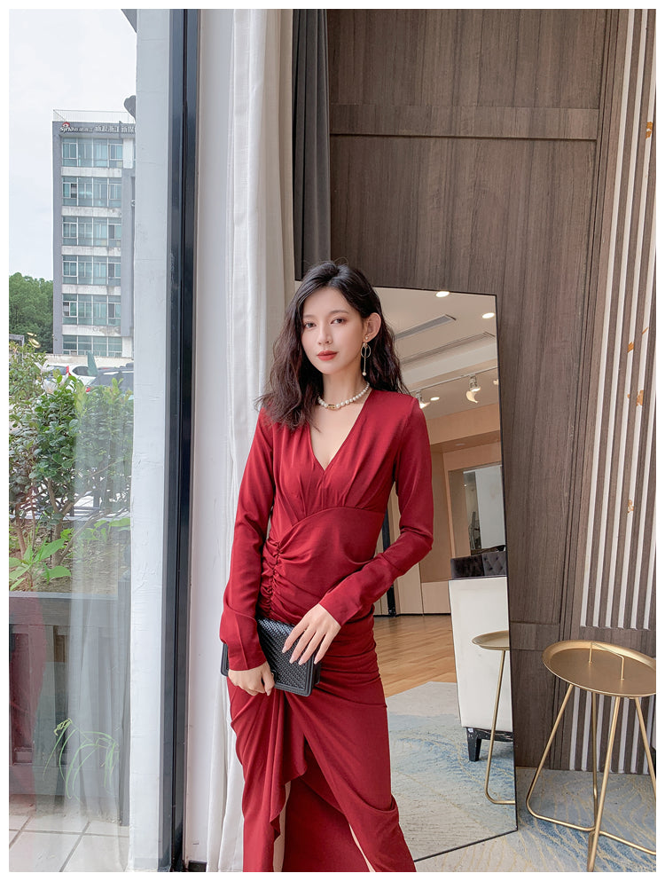 DOLLY Retro Style V-Neck Long Sleeve Pleated Waist Long Slit Dinner Dress-NEYO