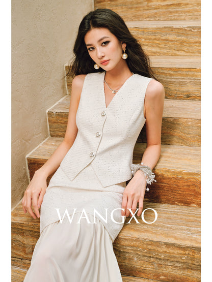 WANGXO |Light Georgette V-Neck Vest & Flowing  Skirt Suit Set-RINA