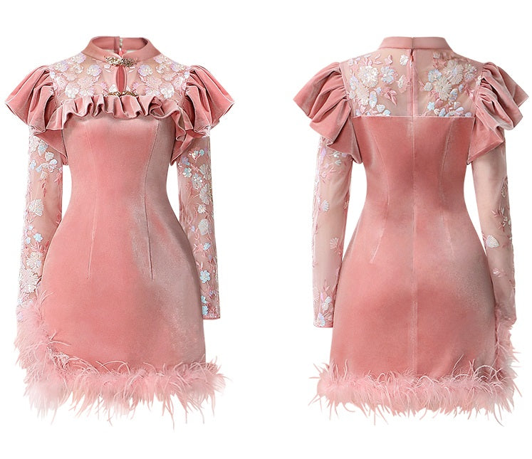 CHECOCRE Elegant Collar Beads Feather Stitched Hip Pink Short Dress - AMOS