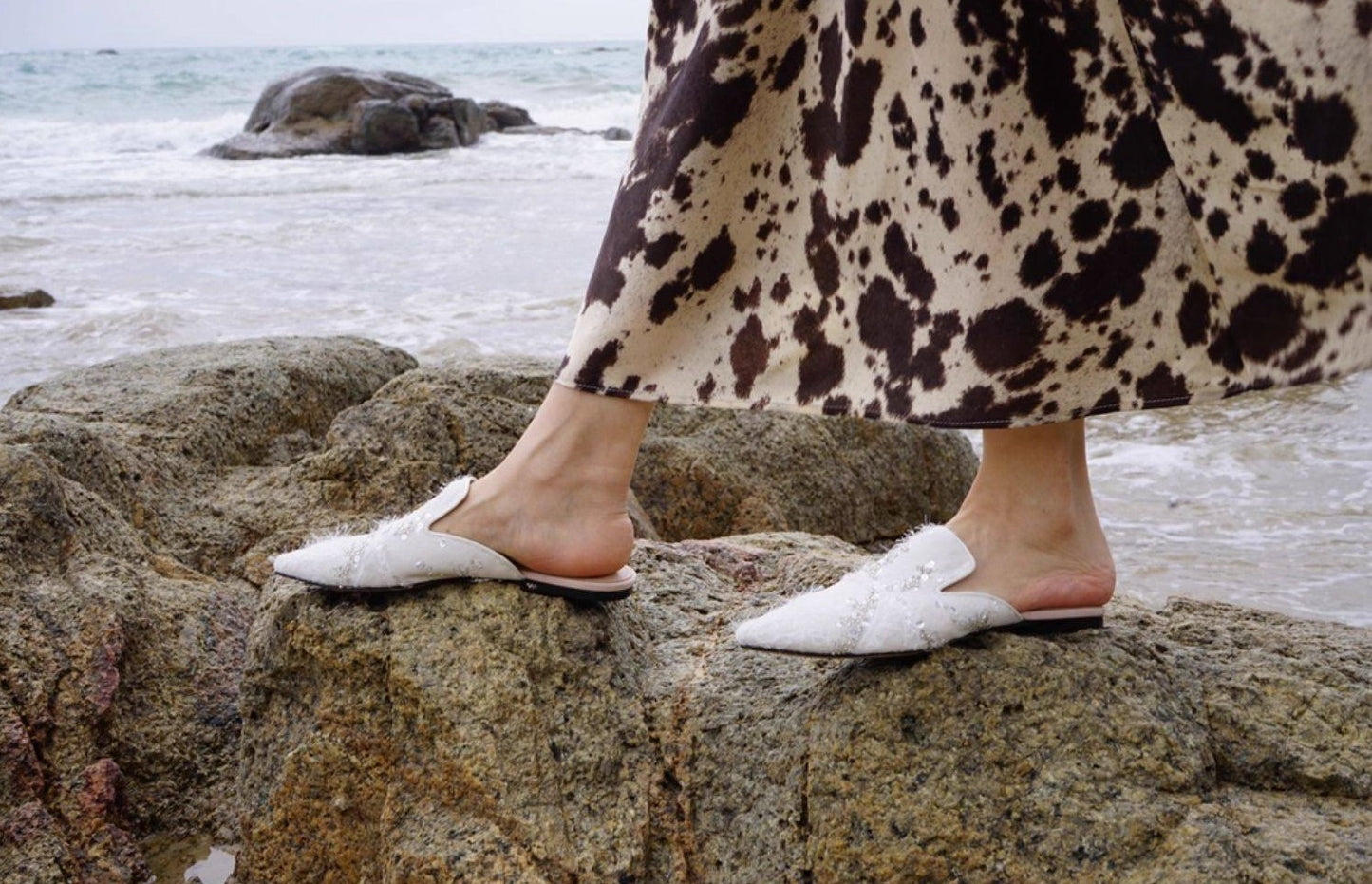 B-FEI women's flat lazy pointed white toe mules-ANDI.
