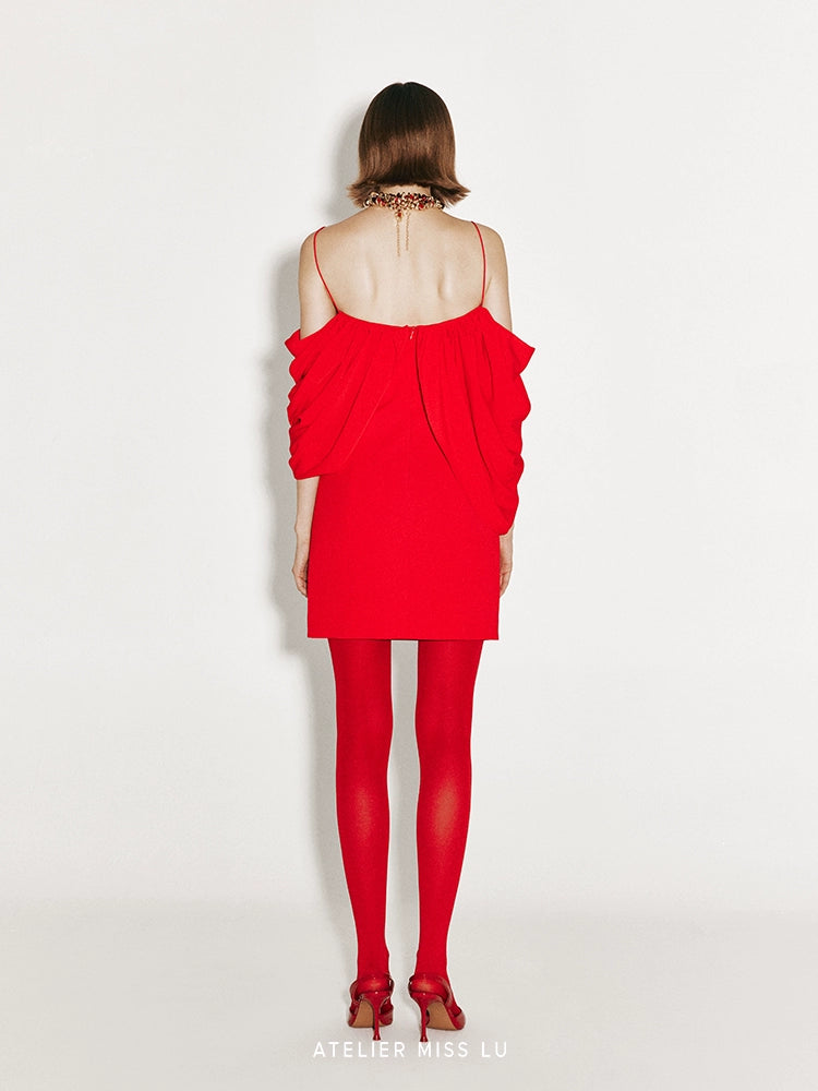 ATELIER MISS LU Irregular Draped Off-the-shoulder Slip Dress - MAGNIFY
