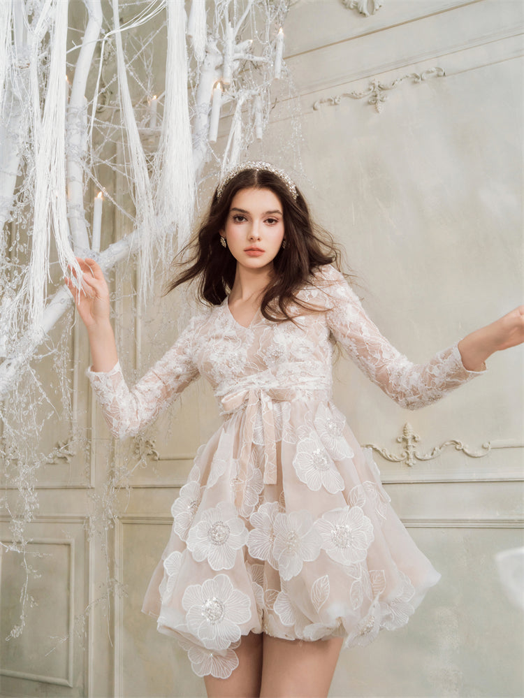 Wardrobes By Chen Off White Long Sleeve Flower Lace Party  bridal Dress- Asha