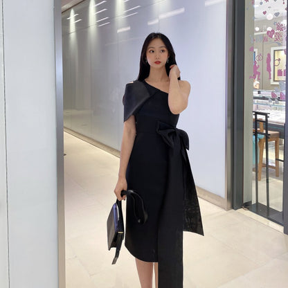 DOLLY Elegant French Style Slant Collar Sleeveless High Waist Midi Dress-QUINNE