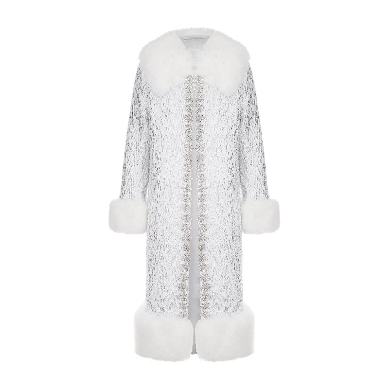 Wardrobes by Chen Elegant Diamond Silver-Gray Fur Collar Long Winter Jacket-Jam