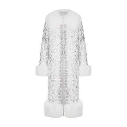 Wardrobes by Chen Elegant Diamond Silver-Gray Fur Collar Long Winter Jacket-Jam