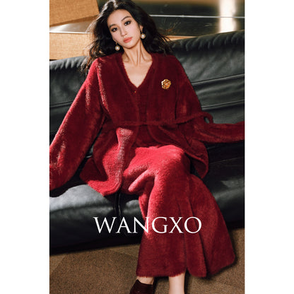 WANGXO | Ultimate Fluffy Mink Hair Texture  Lazy Soft Cardigan, Matching Vest & Elegant Fishtail Skirt Set-  KIMI ?