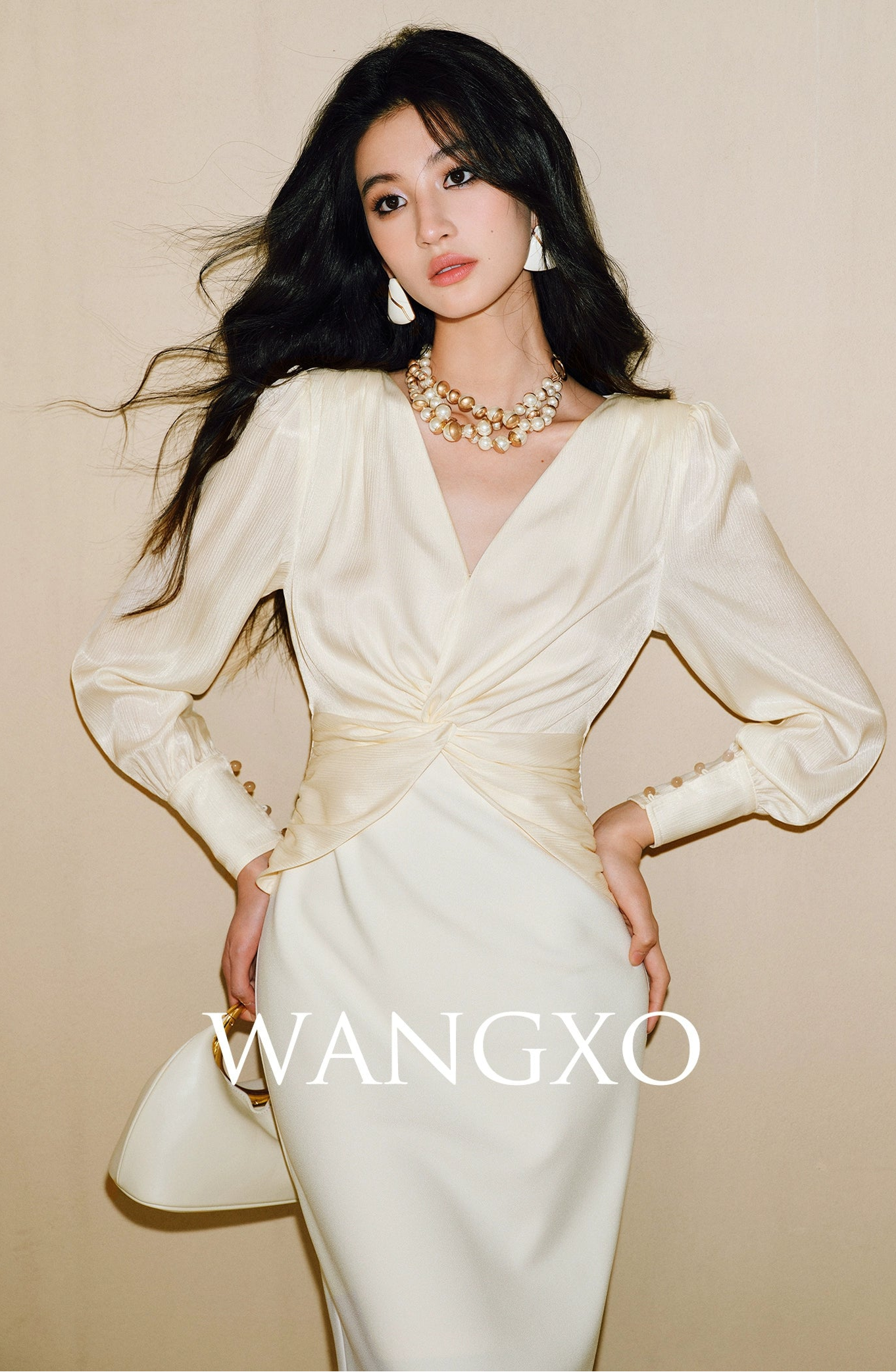 WANGXO | Wrinkled Bright Silk Satin Hemp V-Neck Twisted Waist Slim Dress -ZAYA.