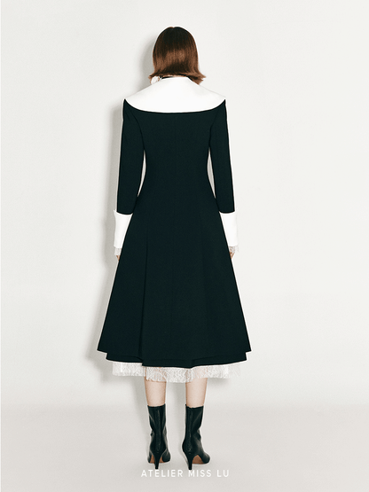 ATELIER MISS LU lapel contrast patchwork receiver waist dress - AVALON.