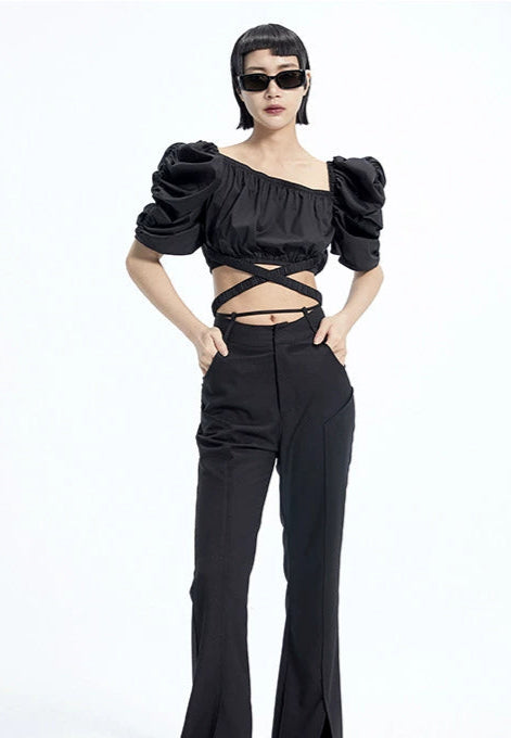 TINY IN Black Curved Flared Women's High Waist Trousers - CAMA