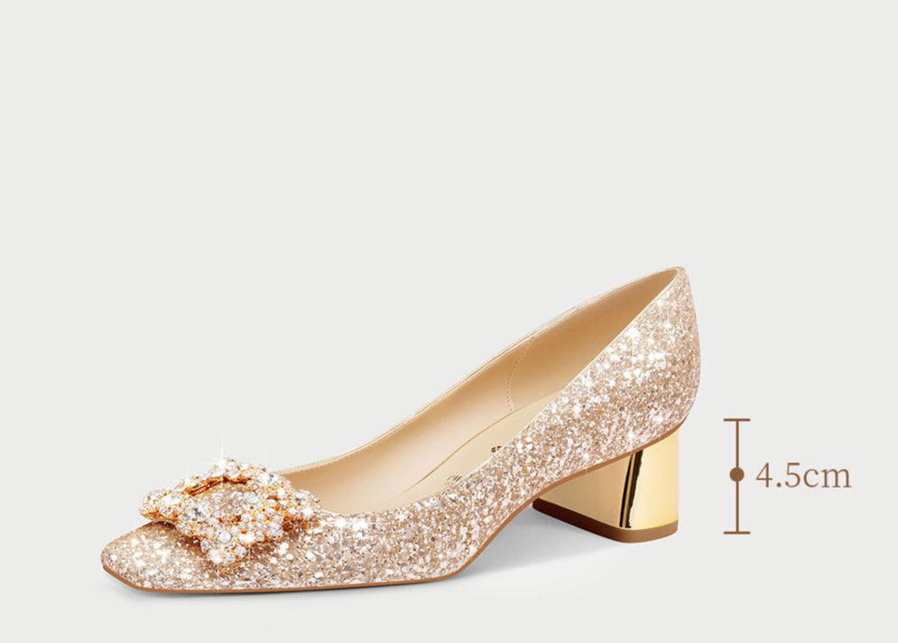 Pjjuu bridesmaid  wedding hexiu square toe block high Heels - LION