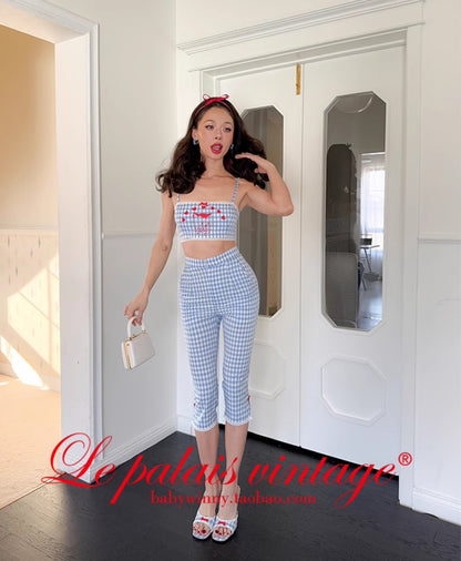 Le Palais Vintage French  Blue  Shorts Red Slim Cardigan- ELFS.