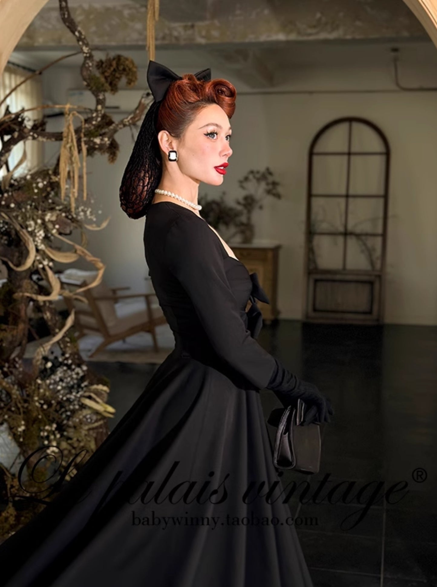 Le Palais Vintage Elegant Retro Long Sleeves Plain Mid Skirt Black  Long Cocktail Hem Dress-Aurora