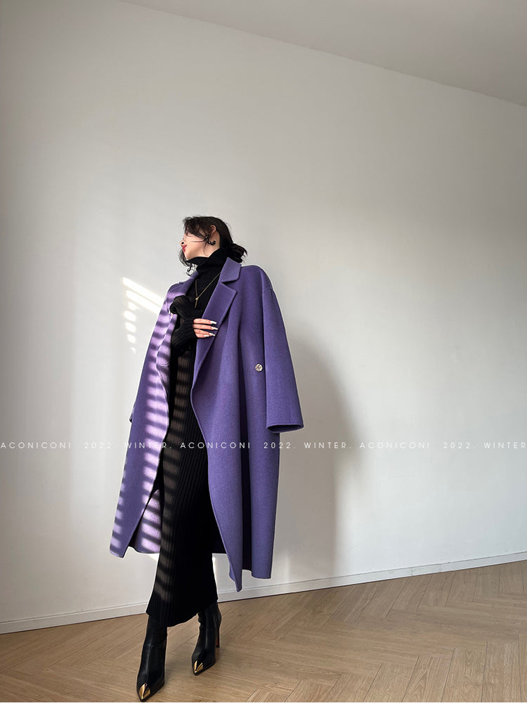 Aconiconi Luxury Purple Lapel Long Sleeve Long Straight Winter Coat- Taro