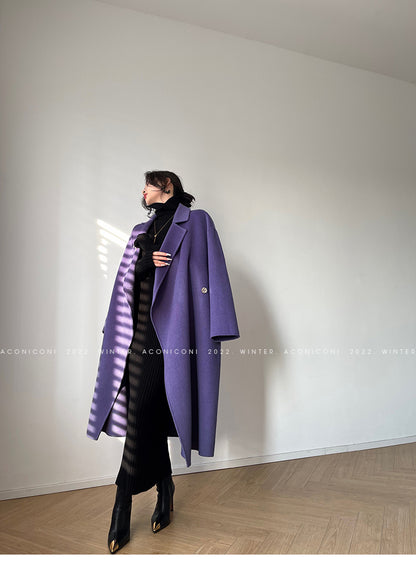 Aconiconi Luxury Purple Lapel Long Sleeve Long Straight Winter Coat- Taro