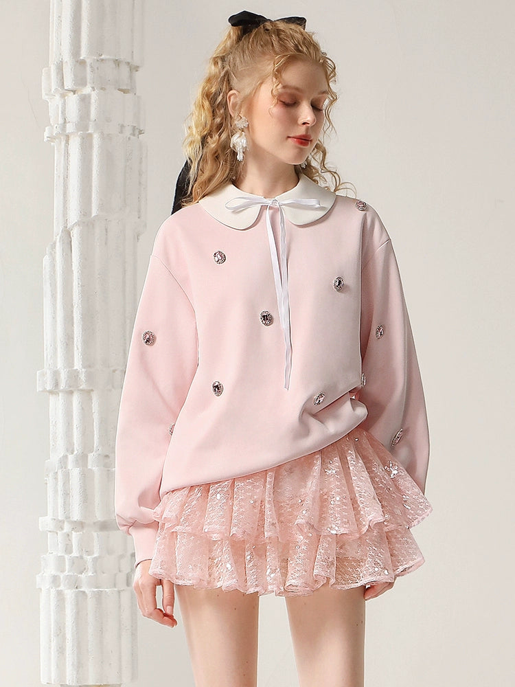 CHECOCRE Classy Sweet Collar Nail Drill Loose Casual Sweat Top - ROMAN