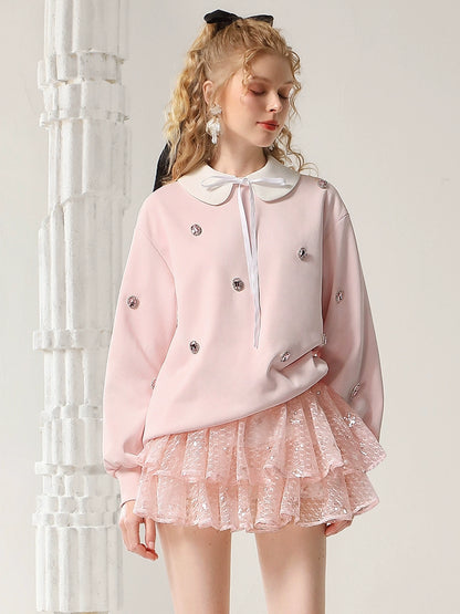 CHECOCRE Classy Sweet Collar Nail Drill Loose Casual Sweat Top - ROMAN