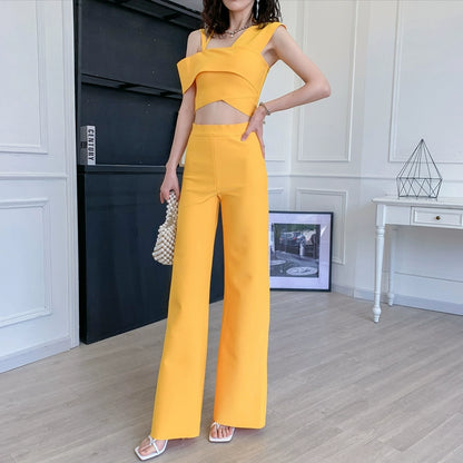 DOLLY Elegant Two Piece One Shoulder Top Design +Long Flared Pants-AMINA