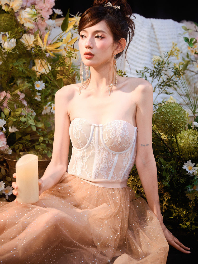 DOLLY Elegant Fake Two Piece Sleeveless Tube Top Sequin Long Dress-POLA