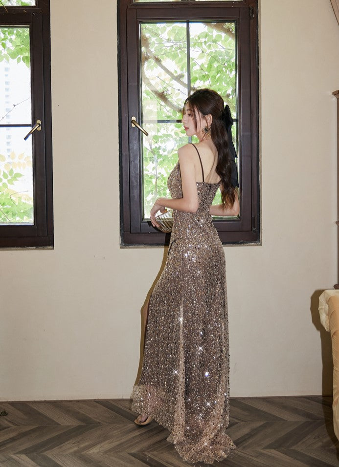 DOLLY High End Sleeveless Beaded Sequin Long High waist Suspender Cocktail Dress-ANABEL