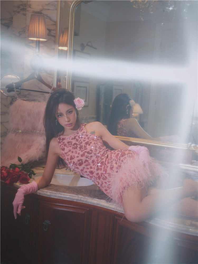 Wardrobes by Chen Dark Rose Pink Floral Sequin Feather Short cocktail Dress-Luciana