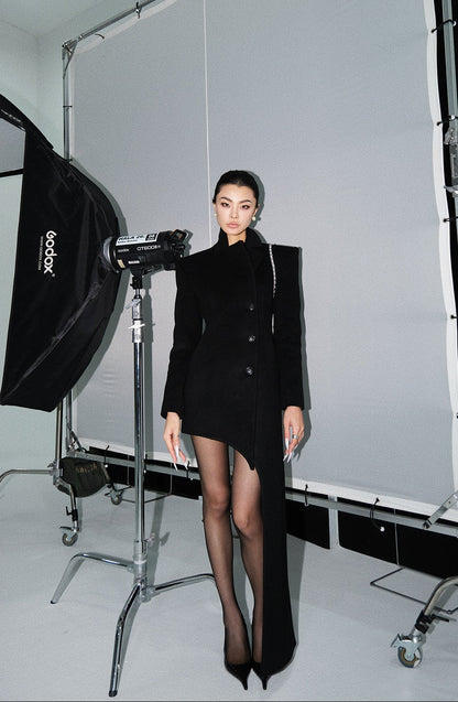 MEI SANGUAN 50% wool black single-breasted woolen dress - BRIAN