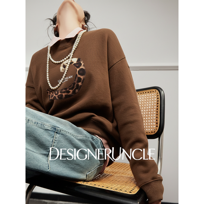 DGU×LAB "Skyland" brown fleece crew neck loose lazy style printed sweatshirt - MAI