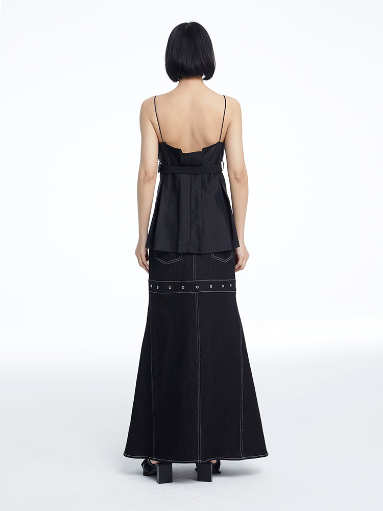 TINY IN black denim women's long a-line skirt -SALEM