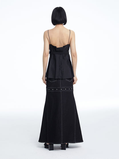 TINY IN black denim women's long a-line skirt -SALEM
