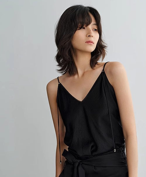 COMME MOI Lv Yan Designer Summer Women's Patchwork Satin V-Neck Sling - LEINANI.