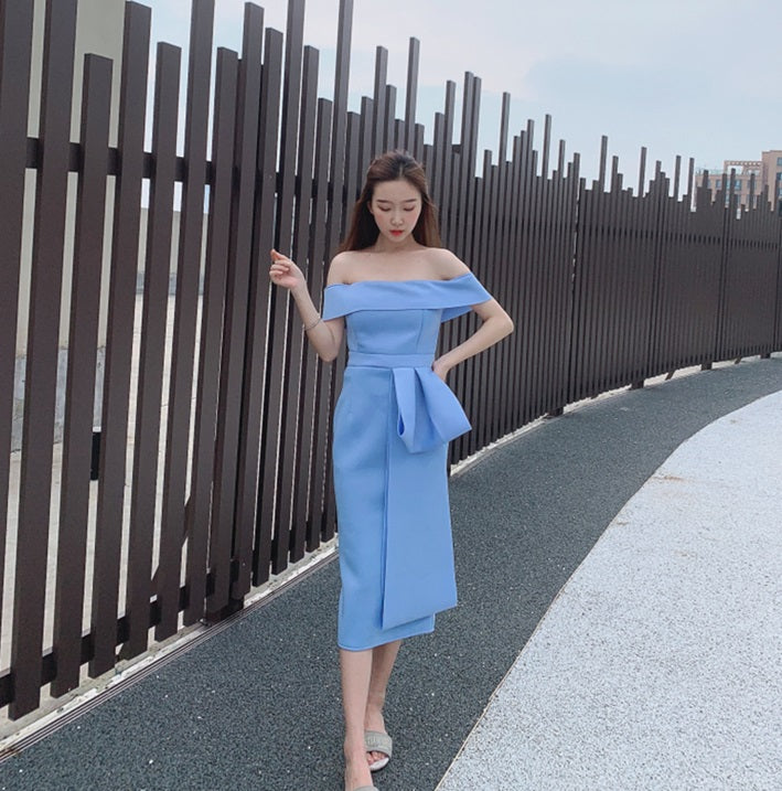 DOLLY Elegant Blue Sleeveless Off Shoulder Chest Wrap Midi Dinner Dress-DARA