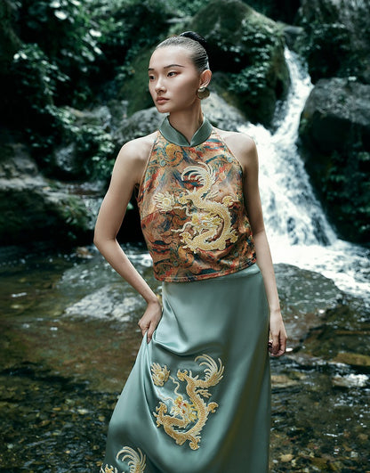 HECO Chinese Retro Mural Golden Dragon Embroidered Vest Top - ERIKA.