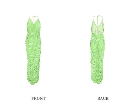 ZHUCHONGYUN Green ruched halter low-cut back silk satin dress-IRUMI.