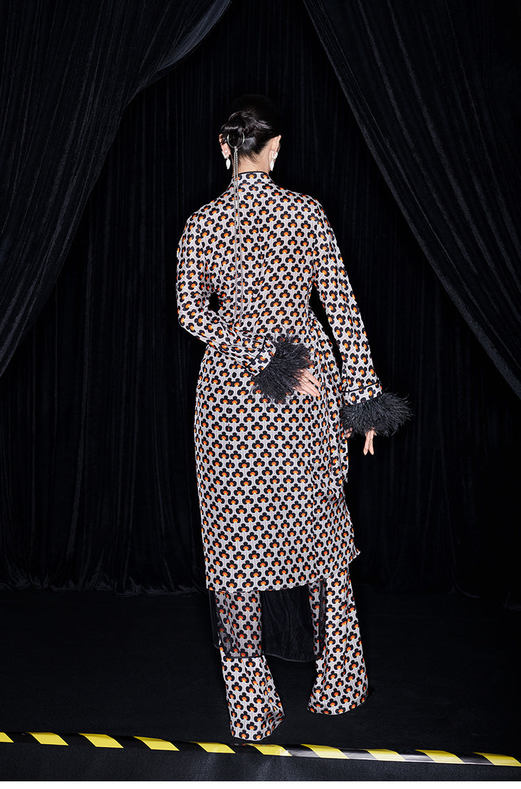 M essential Mackay designer ostrich feather trim dress mesh skirt kaftan dress top set - raj.