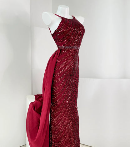 DOLLY High End Sleeveless Halter Neck Sequin Embroidery Long Banquet Dress-KATRINA