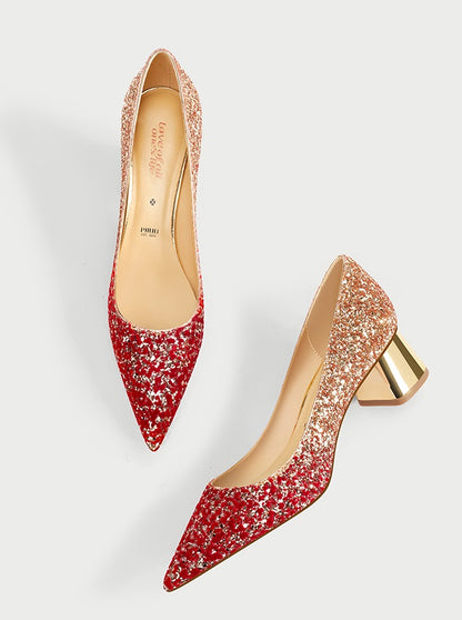 Pjjuu color block ombre sequin red gold pointy toe kitten heel pump - Serka