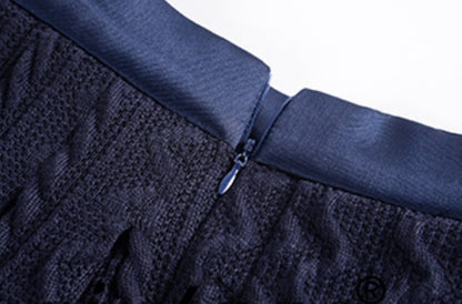 Le Palais  navy knitted puff sleeve top pleated skirt-XERX