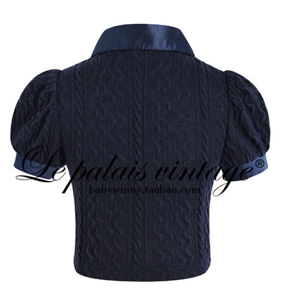 Le Palais  navy knitted puff sleeve top pleated skirt-XERX